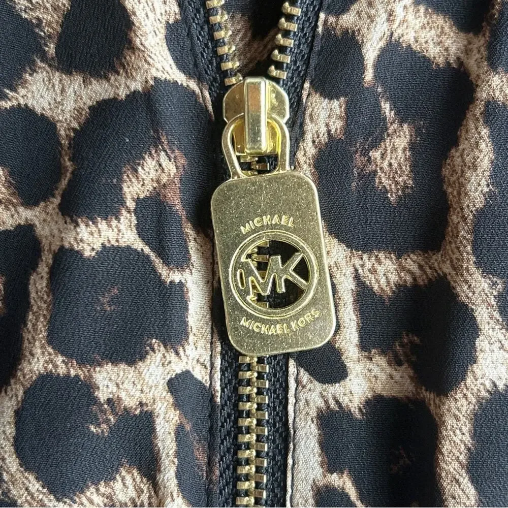 Michael Kors Leopard Animal Print Top Womens L Zip Up Blouse Lightweight Luxury